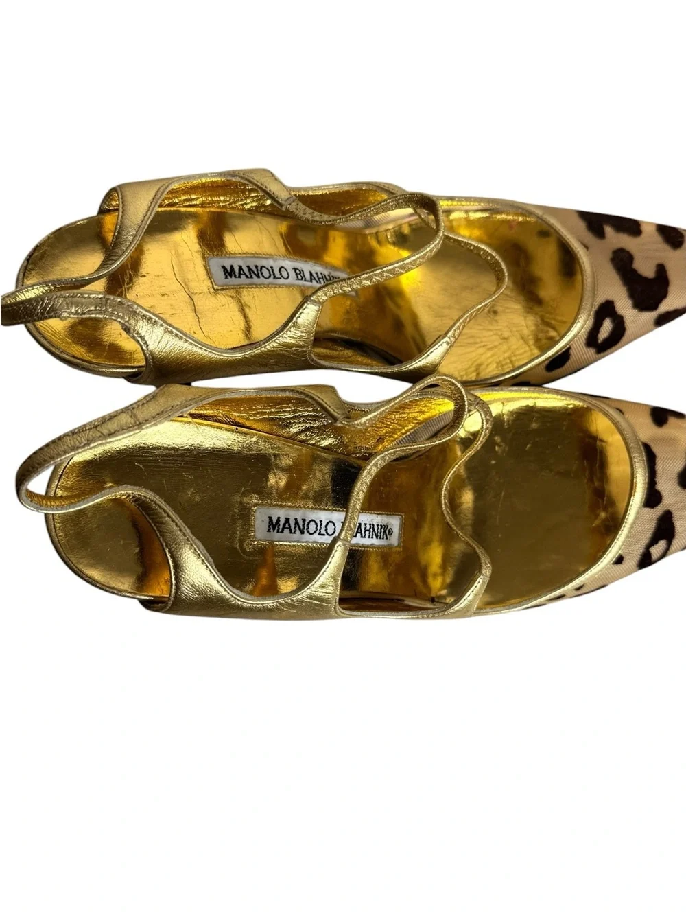 Manolo Blahnik Gold Metallic & Leopard Print Pumps Pointed Toe Heels Size 38